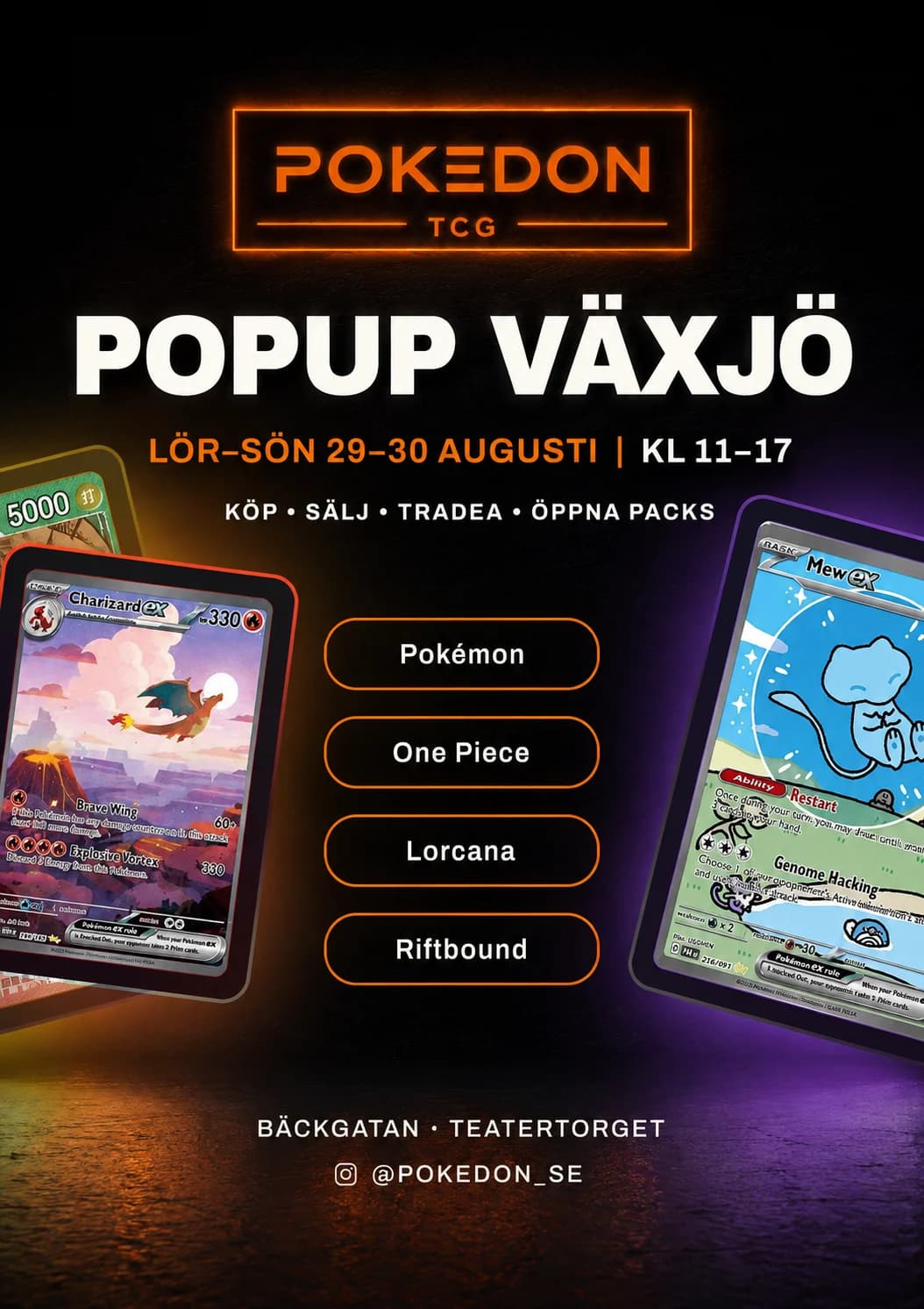 Pokedon Popup – Växjö 29–30 augusti. Lördag–söndag 29–30 augusti, kl 11–17. Bäckgatan (vid Teatertorget), Växjö.